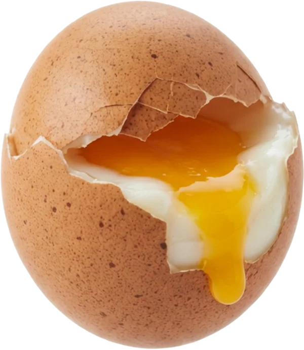 Seitlich aufgebrochenes, weich gekochtes braunes Freilandei mit fliessendem Eigelb
