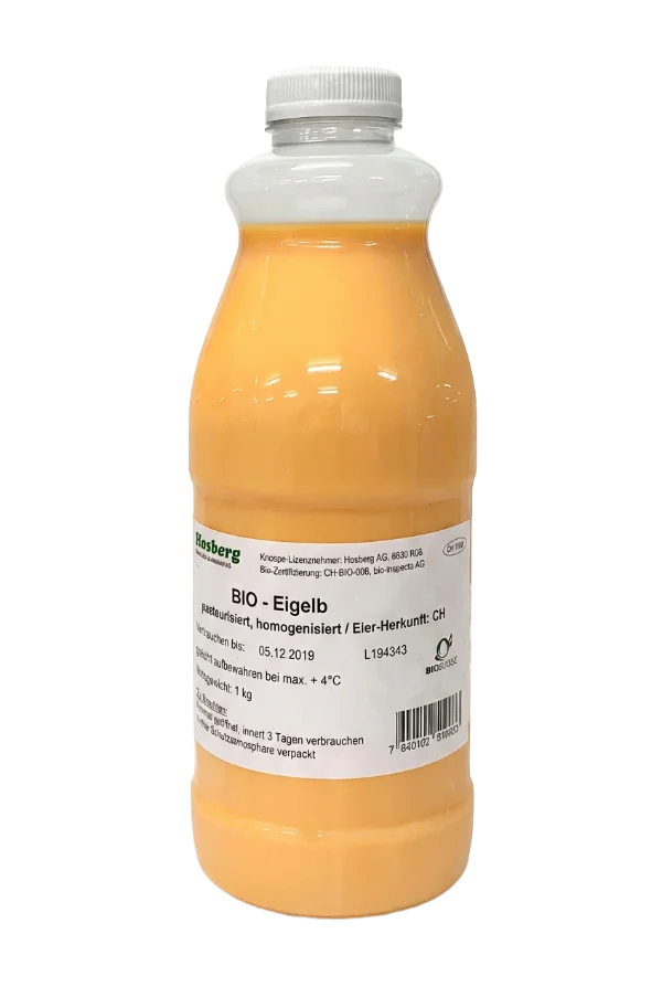 Flüssigei von hosberg, Bio-Eigelb aus der Schweiz, in der Kunststoffflasche