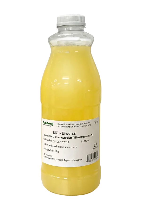 Flüssigei von hosberg, Bio-Eiweiss aus der Schweiz, in der Kunststoffflasche