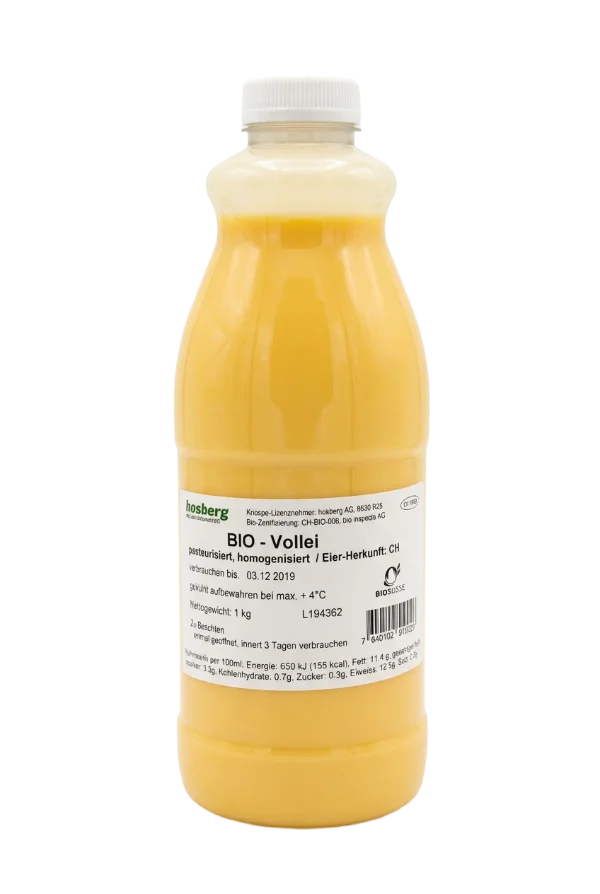 Flüssigei von hosberg, Bio-Vollei aus der Schweiz, in der Kunststoffflasche